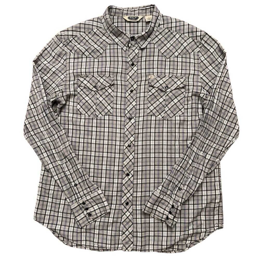 Salt Valley Western Shirt Mens Size XL Long Sleeve Pearl Snap Button Plaid Gray